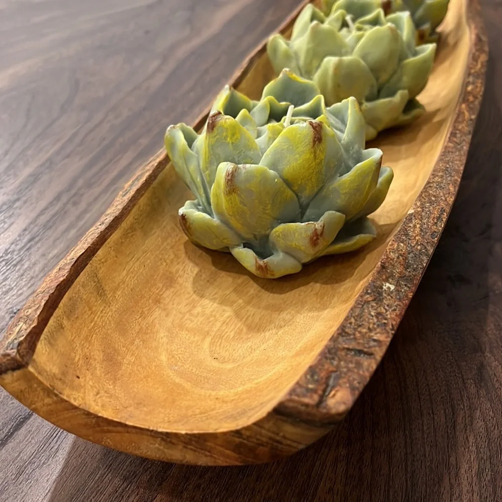 CRATE & BARREL MANGO WEDGE BOAT & 3 ARTICHOKE CANDLES IN GOOD CONDITION